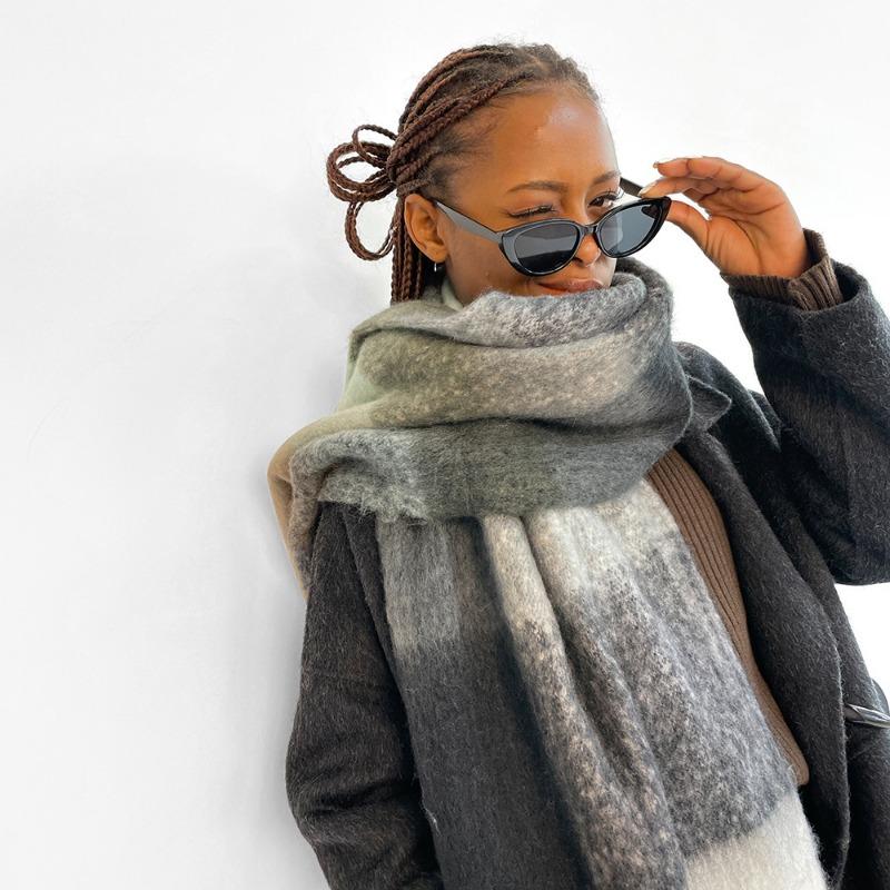 Color Plaid Scarf Women's Winter Warm Scarf Mohair Thickened Long Scarf Hot Shawl