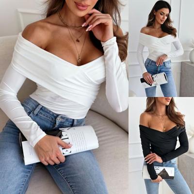 Tooxika 2024 Herbst und Winter Neue einfarbige Oberteile für Damen Sexy schulterfreies Slim Fit Langarm-T-Shirt