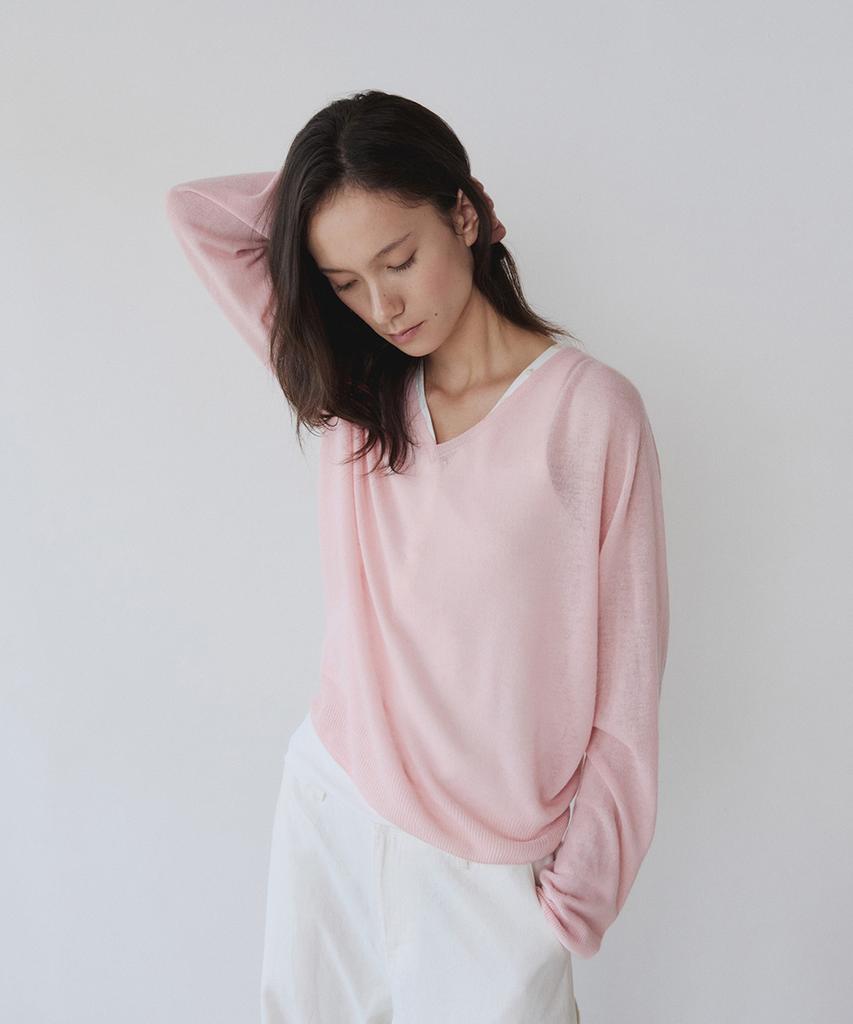 Ieoning Light Linen V-Neck Summer Knit, Powder Pink