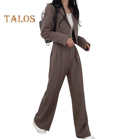 2 Teile/satz Frauen Mantel Hosen Set Revers Einreihige Strickjacke Langarm Jacke Breites Bein Hohe Taille Gerade Hose Dame Formale Pendler Outfit