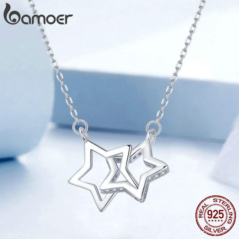 Bamoer 2024 neue massive 925 Sterling Silber Verbunden Stern/Herz/Katze Anhänger Halskette für Frauen Valentinstag Geschenk Edlen Schmuck