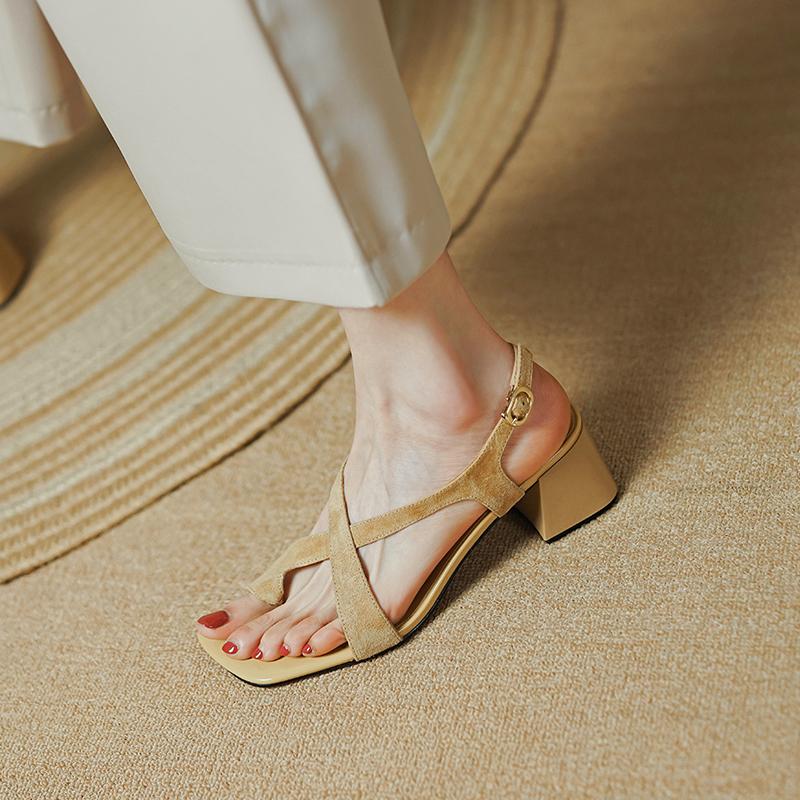 Fashion 2025 New Retro Sheepskin Women Sandals French Chunky Heel Open Toe Sandals Buckle Strap Summer Shoes Heel Women Explosive Spot