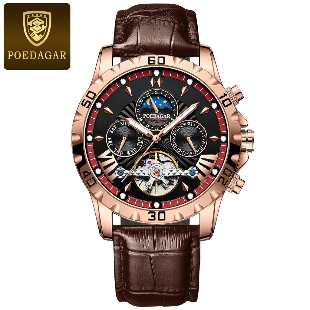 POEDAGAR Tourbillon Automatic Mechanical Wristwatch Waterproof Luminous Date Week Leather Men Watch Luxury Fashion Watches