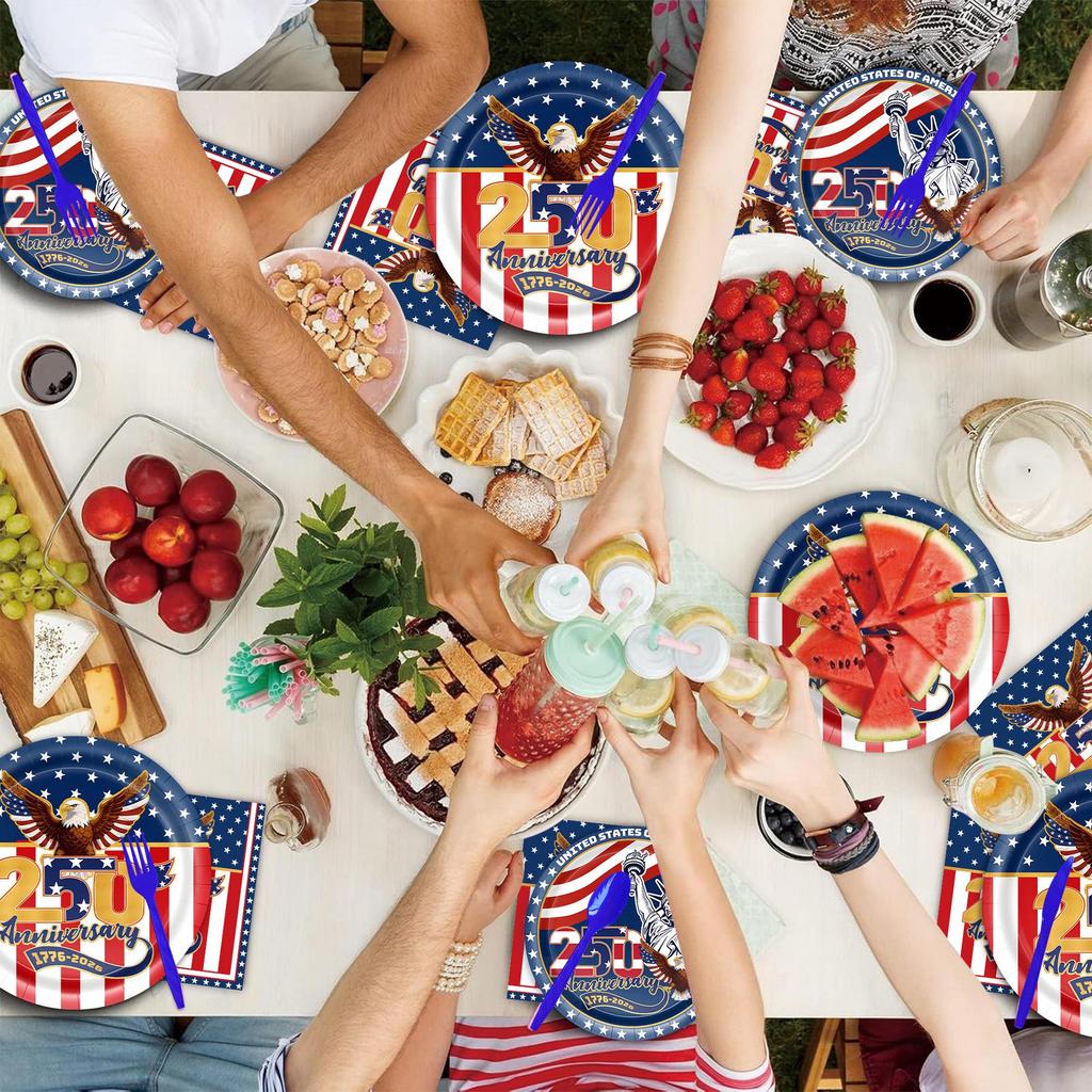 USA 250th Anniversary Party Supplies Set: Festival Decorations, Paper Plates, and Tablecloth.