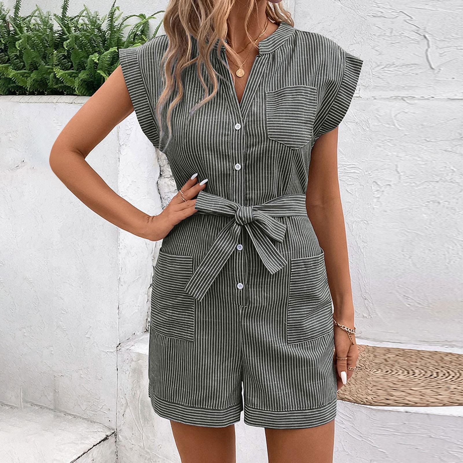 Women s Summer Daily Fine Striped Short Sleeved Jumpsuit Shorts L
