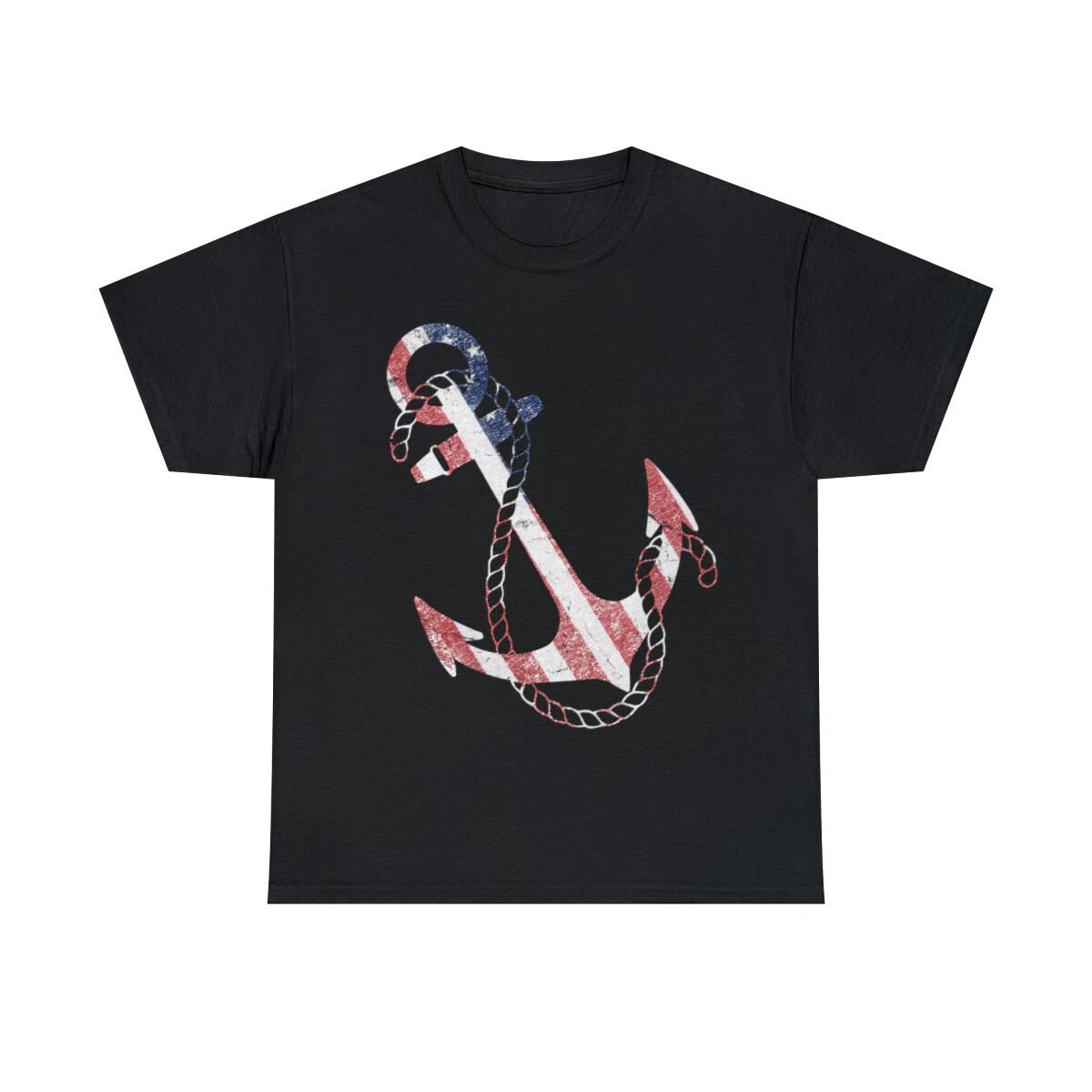 Patriotic American Flag Anchor Graphic Tee Shirt, S-5XL S