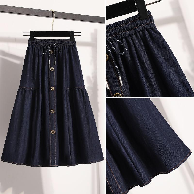 DIMANAF 2026 Plus Size Spring Summer Denim Skirts Women A-Line Clothing Pleated Fashion Jeans Skirt Button