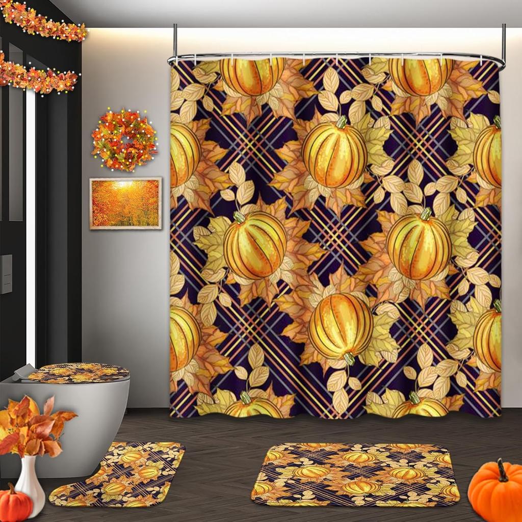 Arttown Fall Shower Curtain Set With Toilet Lid Cover And Non-Slip Rugs, Gnomes Autumn Pumpkins Teal Truck Thanksgiving Harvest