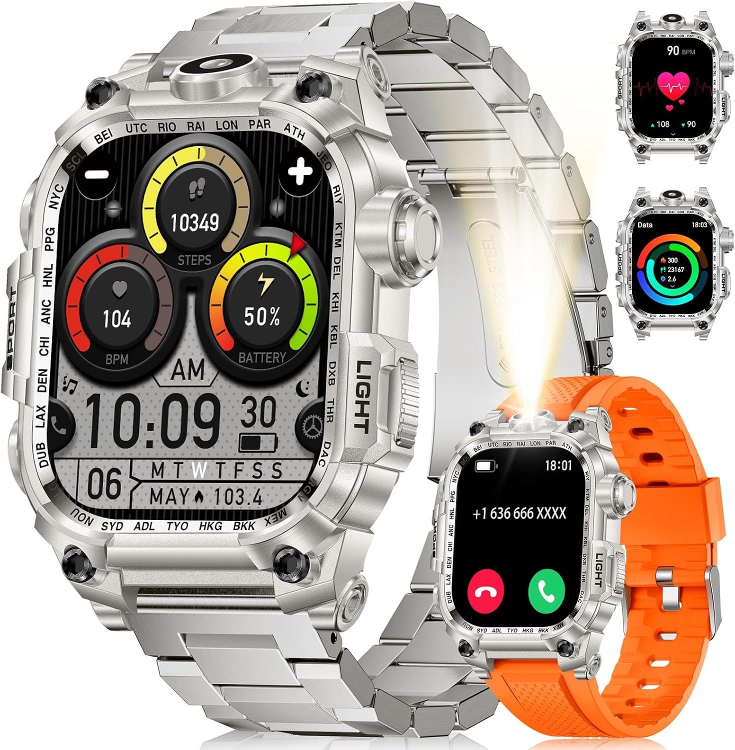 

Военные умные часы для мужчин 2,01 Спортивные смарт-часы со светодиодным фонариком Аккумулятор 700 мАч Монитор сна Фитнес-трекер для Android iOS, 100+ спортивных режимов