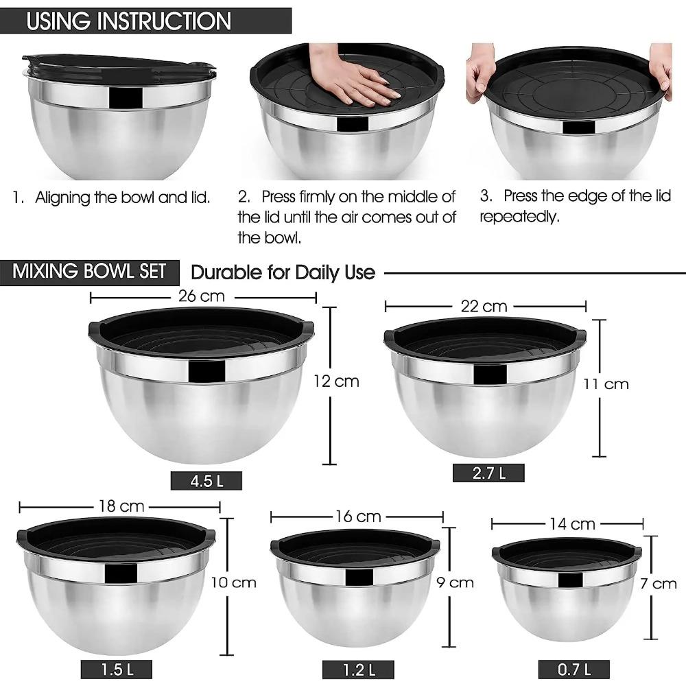 Mixing Bowl Set of 5, Stainless Steel Metal Nesting Salad Bowl with Lid Set, Non-Toxic & Durable, Airtight Lid & Easy Clean