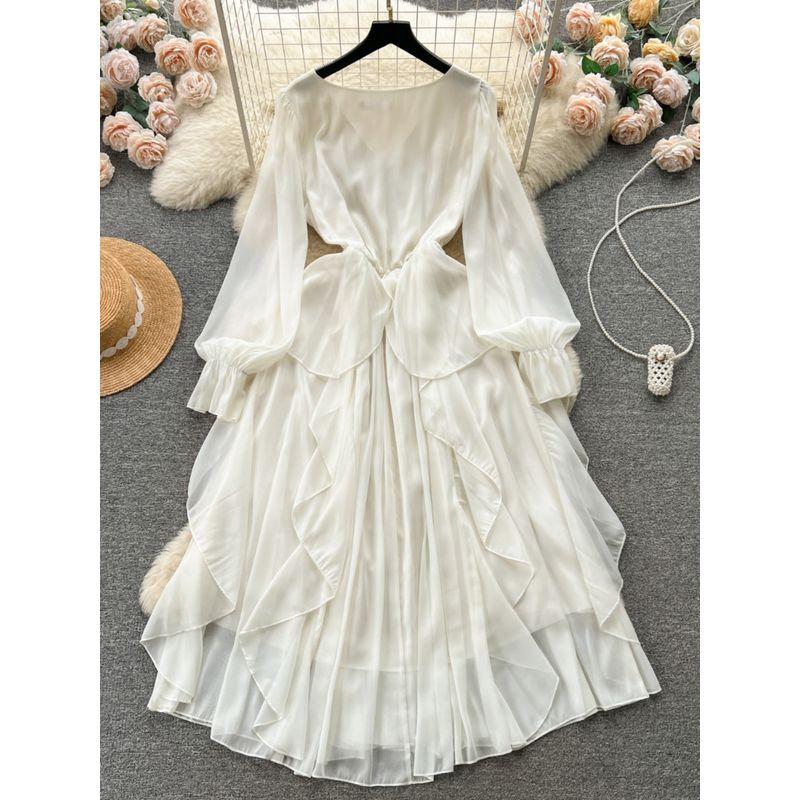 Elegant V Neck Silm Mid Length Long Length Ruffles Dress