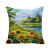 Sunflower Landscape Cushion Cover Peach Skin 2D Print Lakeside Cabin Scenery Throw Pillow Case For Sofa Farmhouse Home Decor