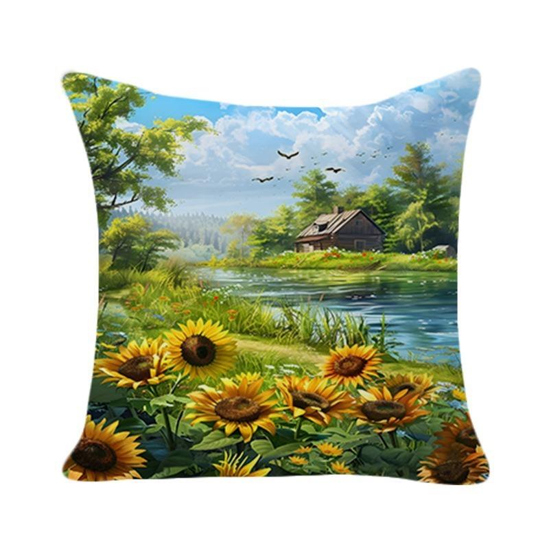 Sunflower Landscape Cushion Cover Peach Skin 2D Print Lakeside Cabin Scenery Throw Pillow Case For Sofa Farmhouse Home Decor