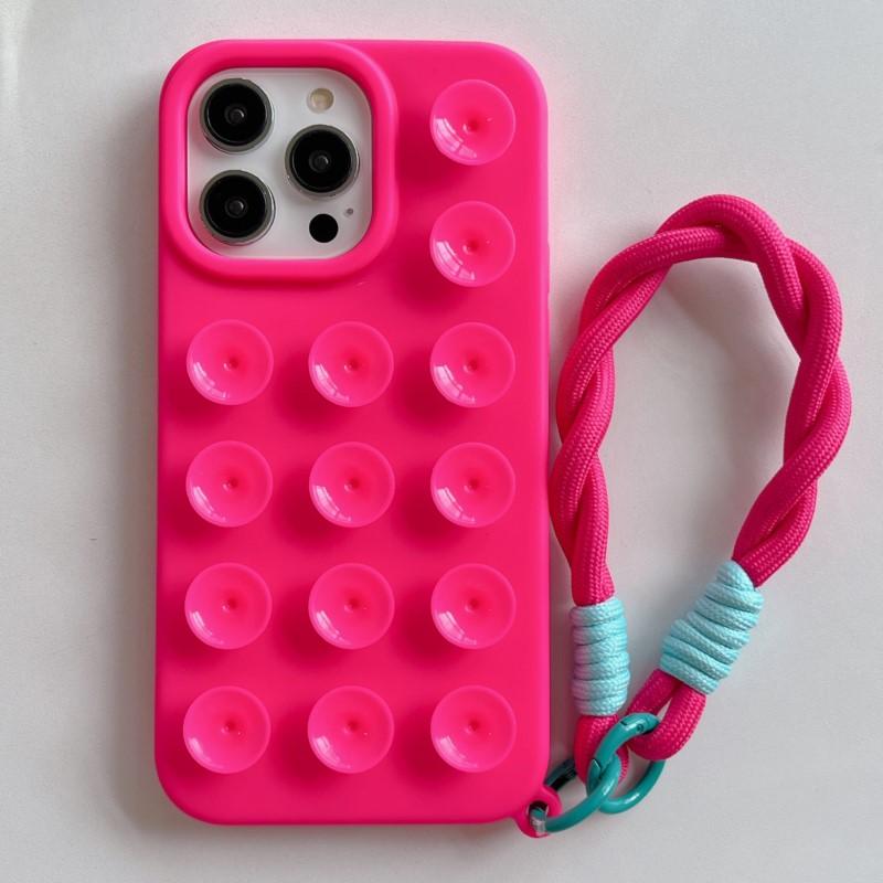 Fashion 3D Cute Candy Liquid Silicone Suction Cup Case For iPhone 16 15 14 Plus 11 12 13 Pro Max Soft Lanyard Wrist Strap Cover