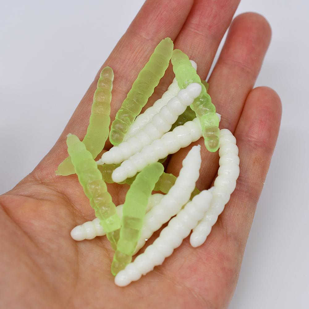 MNFT 40PCS 3.8cm 0.6g Bass Fishing Worms Lures Green/White Silicone Soft Maggot Baits Bread Worm Fishing Lure