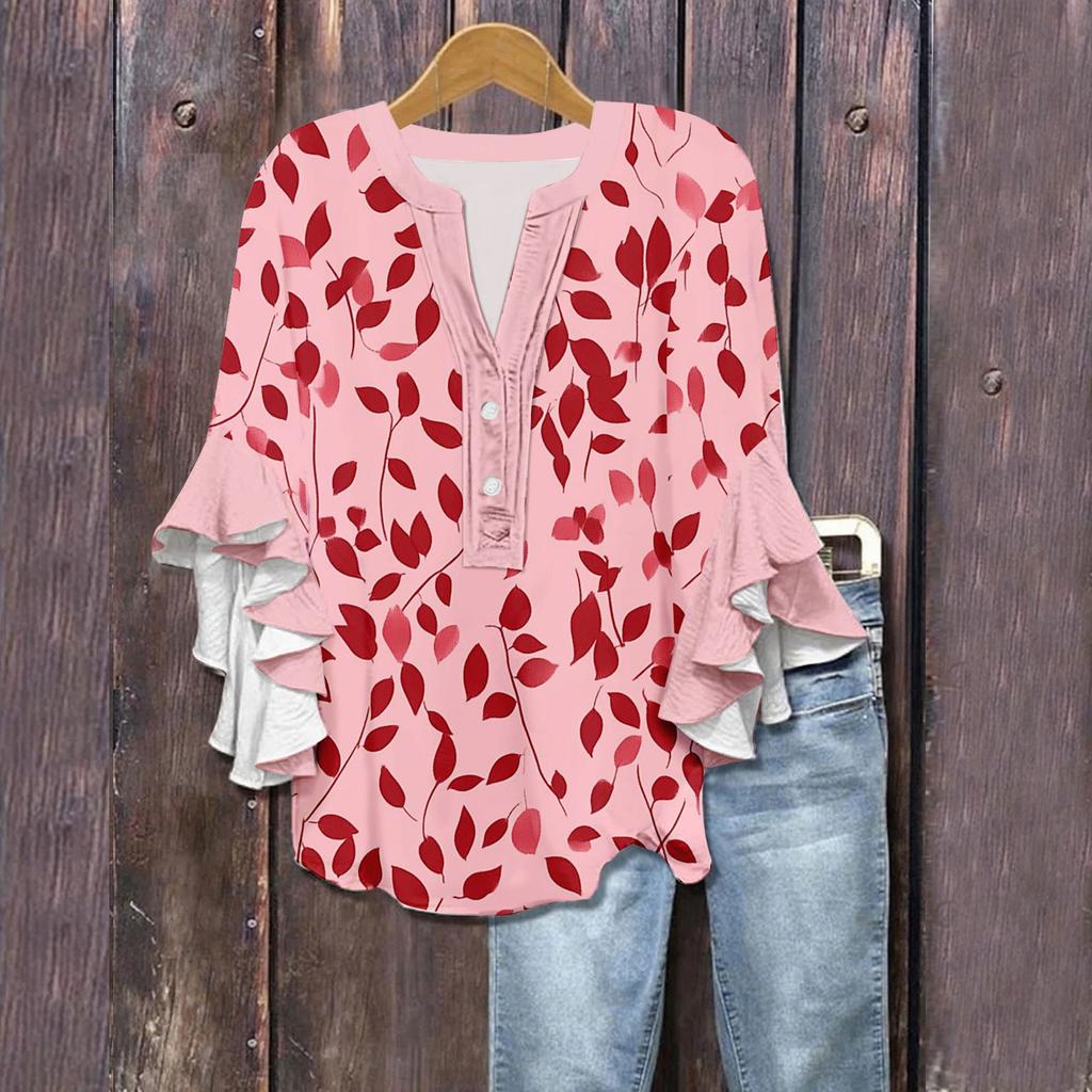Women's Summer Tops V Neck Three-quarter Sleeves Floral Print Flowing Ruffle Sleeves Half-button Shirt
