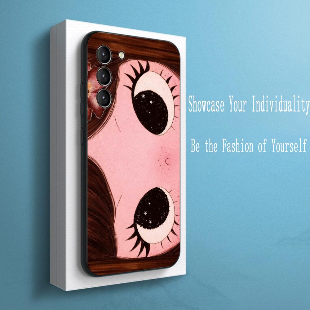 Cute Girl Cartoon Big Eye Design Phone Case For Samsung Galaxy S26 S25 S24 S23 S22 S21 Plus Ultra Note20 Soft Black