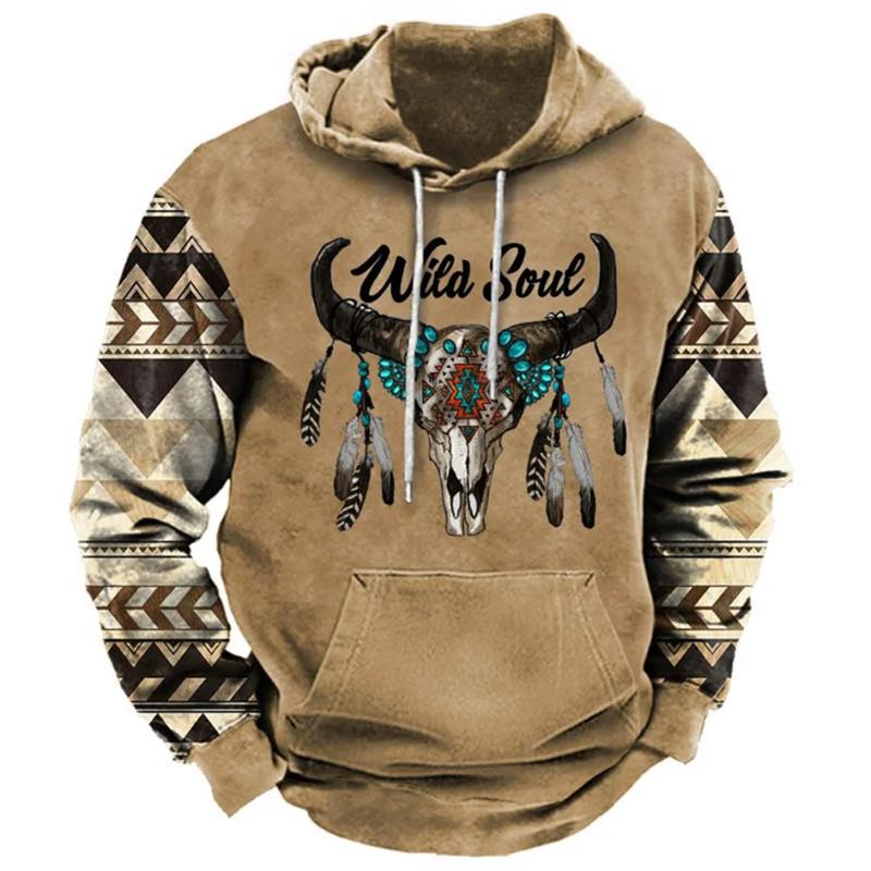 

2026 Fall Vintage Print Hoodie Western Cowboy Hoodie Sweatshirt Everyday Casual Oversized Pullover Vintage Street Wear M