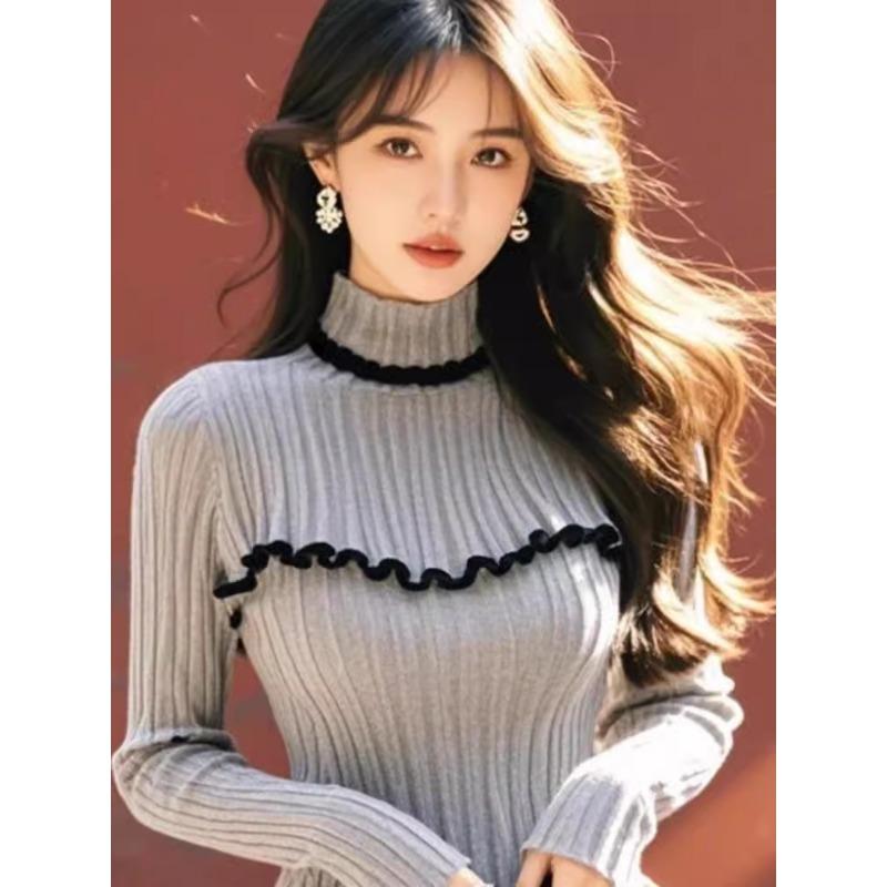 Spring Autumn Women Half High Collar Full Sleeve Ruffles Knitted Sweater Pullover Tops