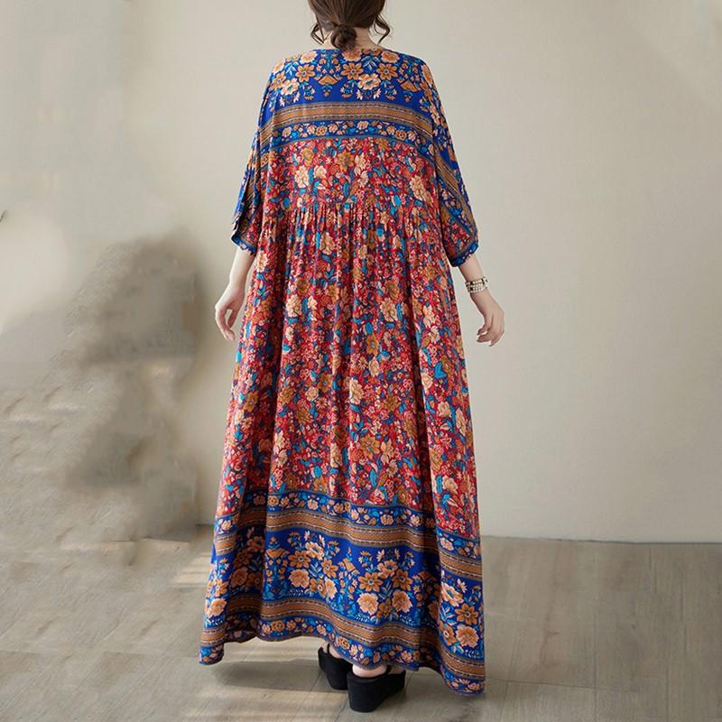 Mânecă scurtă Plus Size Bumbac Satin Vintage Floral Nou în Rochii pentru Femei Casual Lejer Rochie lungă de vară