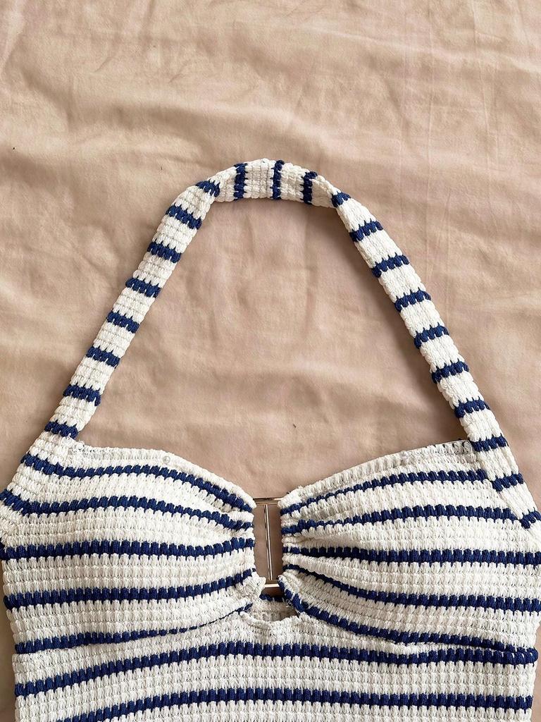 2026 Sommer Damenmode Neckholder Gestreifter Bikini Badeanzug in Schwarz, Weiß und Aprikot - Schlankmachende Zweiteilige Strandmode für Europa und Amerika.