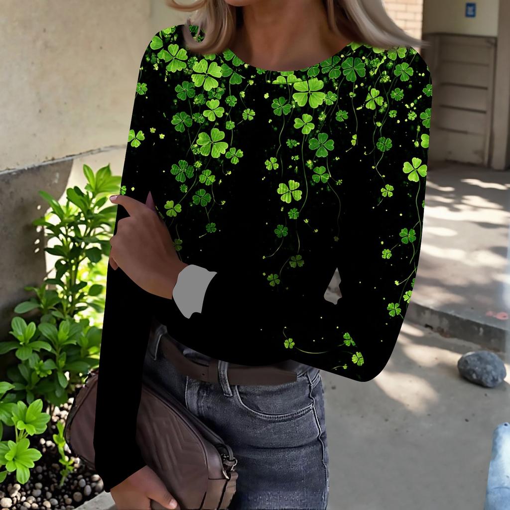 Women's And Winter Slim T-shirt Fashion Casual Printing Round Neck Pullover Long Sleeve Top