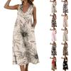 Sleeveless V Neck Midi Dress with Leaf Print Pattern Loose Fit Lightweight Material Suitable for Daily Wear and Outdoor Activities
