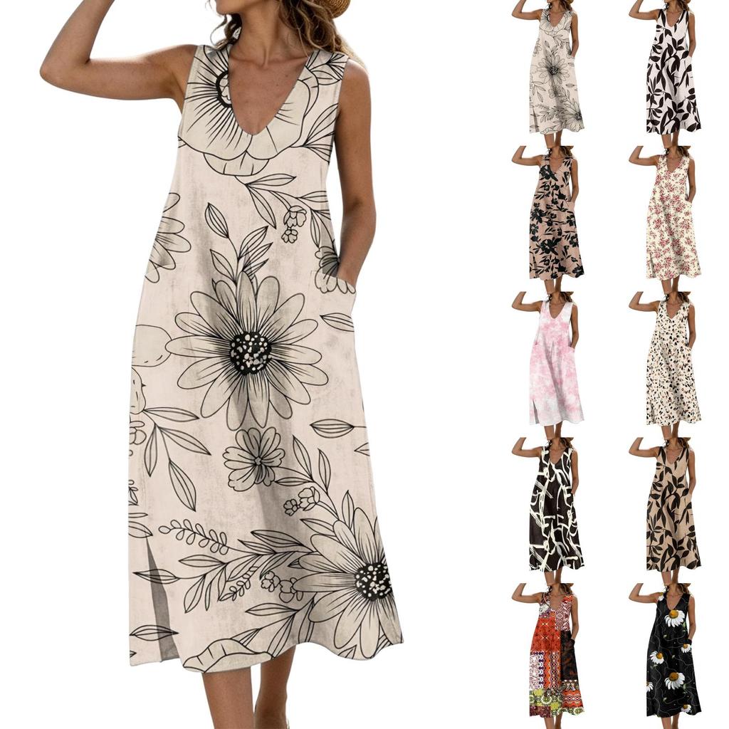 Sleeveless V Neck Midi Dress with Leaf Print Pattern Loose Fit Lightweight Material Suitable for Daily Wear and Outdoor Activities