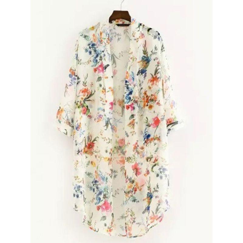 Plus Size Sweet Small Floral Print Half Sleeve Seaside Sun Protection Clothing