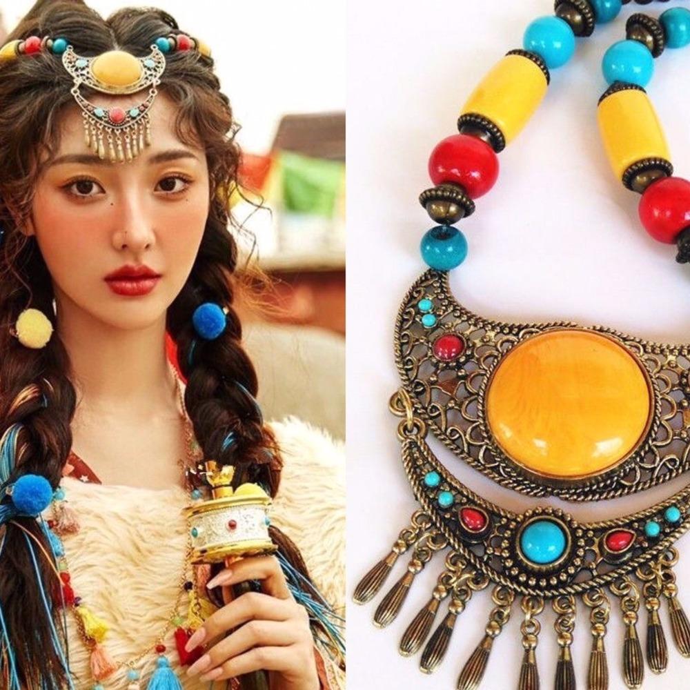 Women Head Chain Ethnic Style Forehead Chain Eyebrow Pendant Beads Tassels Headbands  Travel