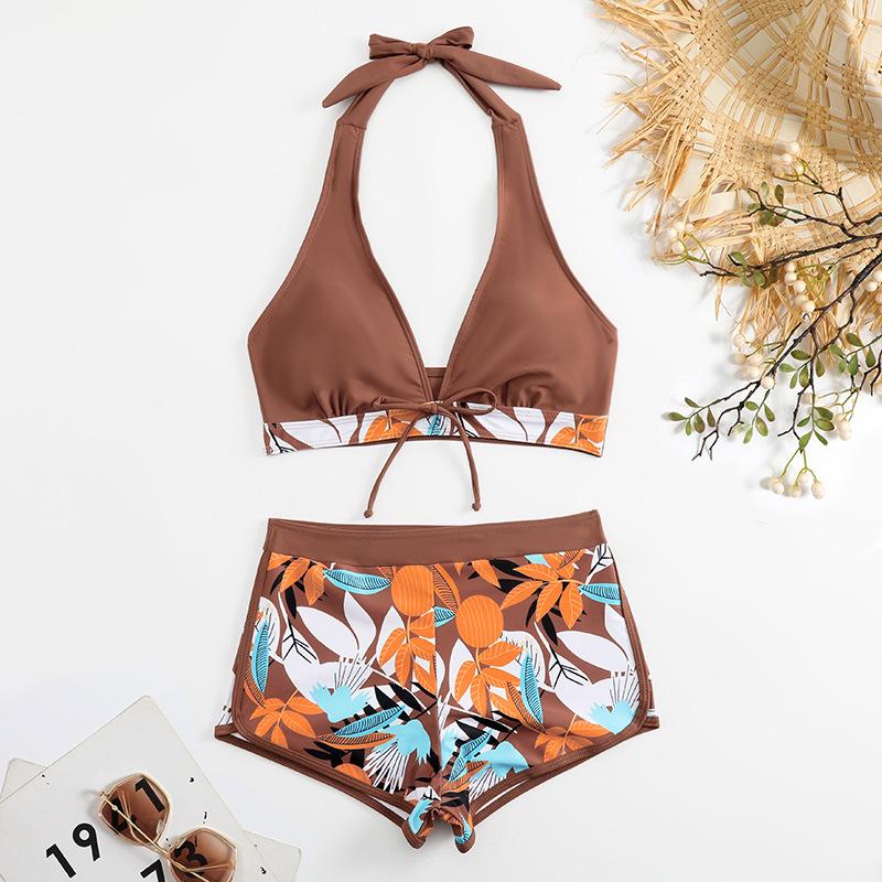 Costum de baie bikini multicolor cu imprimeu, cu șnur și croială plată pe picior pentru femei
