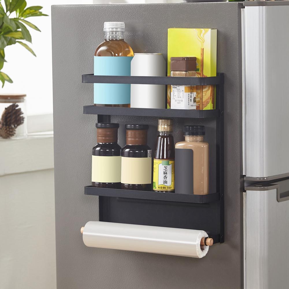 Household MultiFunctional Folding Magnet Refrigerator Rack Hanging Storage Rack (Black)