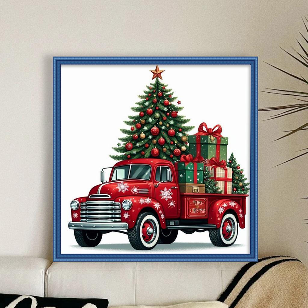 Xmas Tree Truck Full 11CT 3 Strands DIY Counted Cross Stitch Patterns Arts Craft Kits 40x40cm for Beginners Adults Home Decor