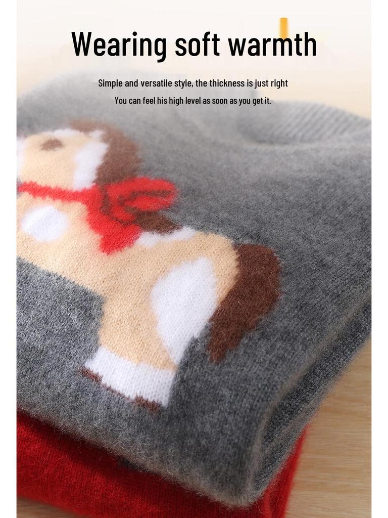 Unisex Children's Wool Knit New Year Sweater - Thick Cartoon Baby Pullover Base Layer