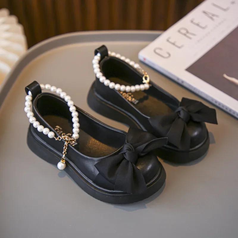Children's Fashionable Black Leather Shoes with Pearl Chain Bow Cute Girl Mary Janes 2024 New Kids Versatile Wedding Party Shoes