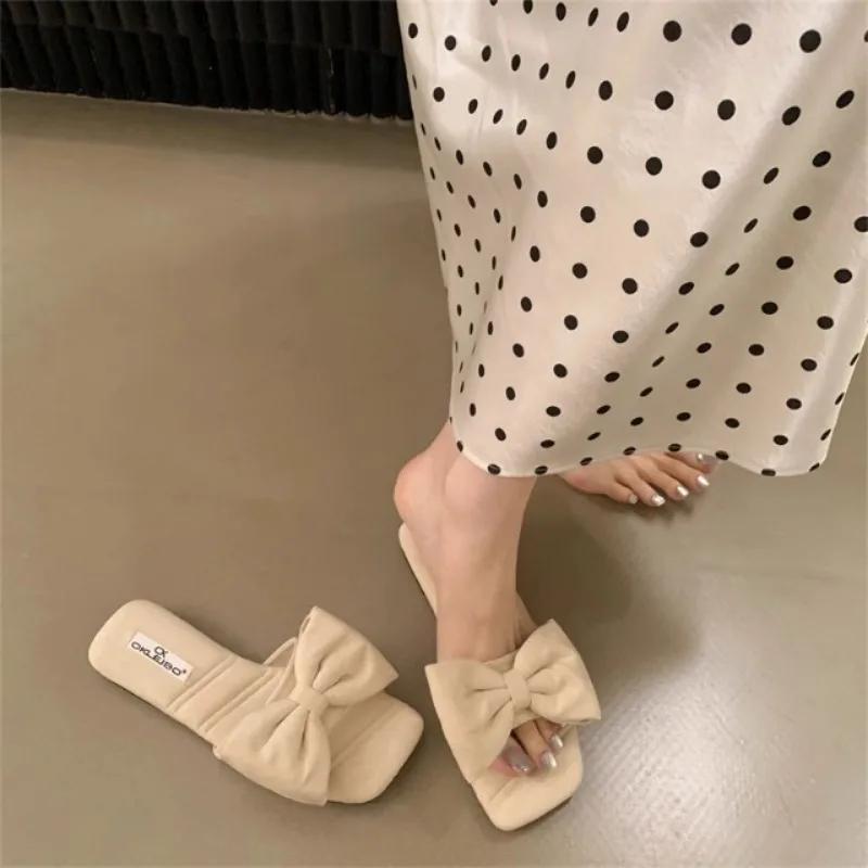 Fashion Women's Fashion Slippers Square Toe Butterfly-knot Flat Sole Women's Shoes Dress Outdoor Korean Style Summer Zapatillas De Mujer