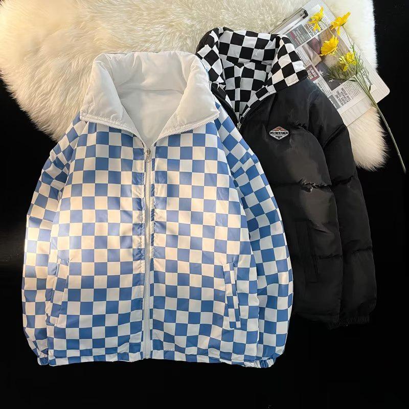 Palton reversibil în carouri Jachetă largi pentru damă cu guler