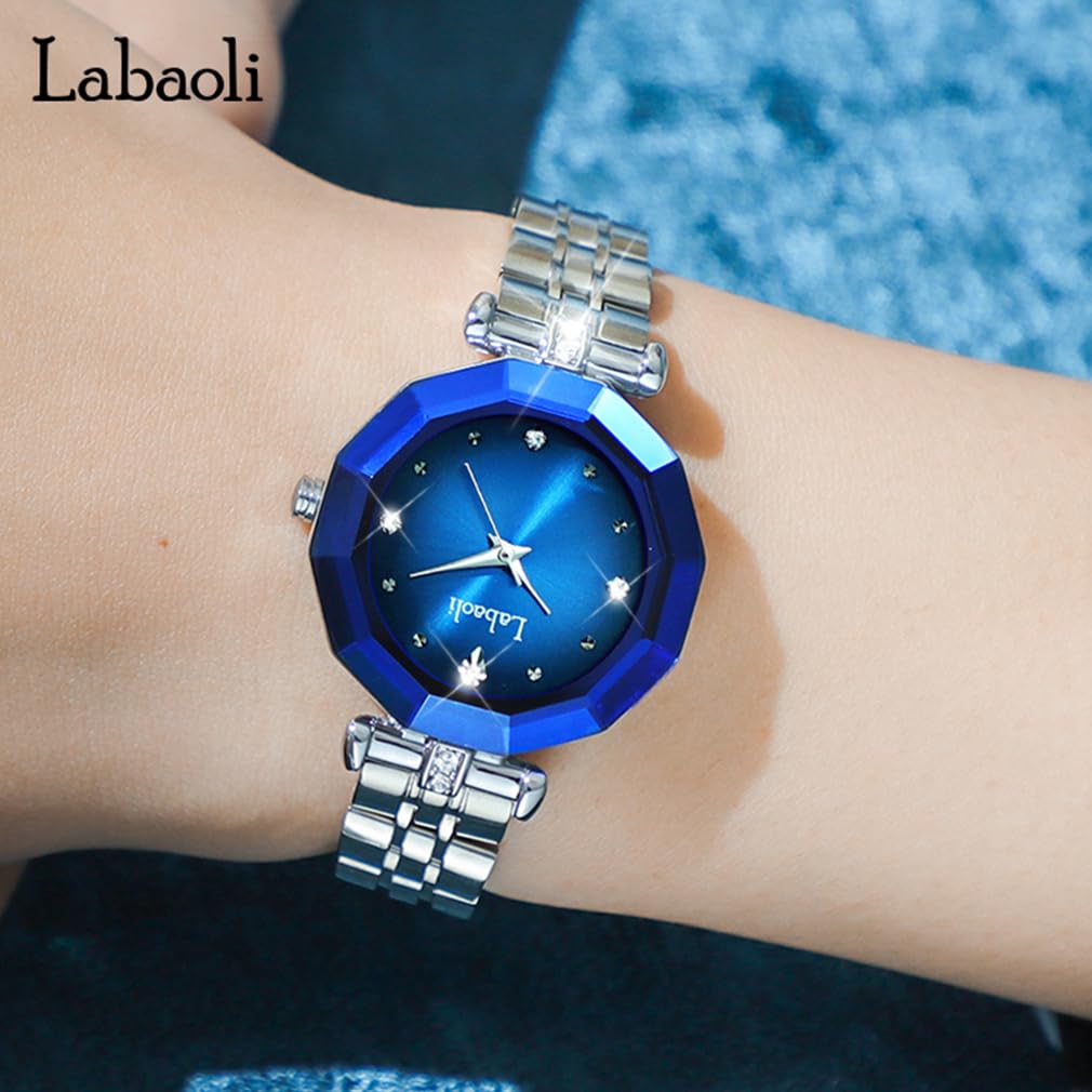 Stylish and cute crystal wristwatch for women, waterproof, brand-name, business-oriented, stainless steel, luxury, cute, gift for her, silver, blue.