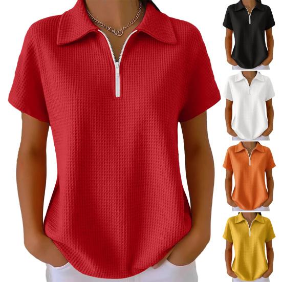 Women Tops Lapel Short Sleeve Zipper Half Placket Shirt Tops Pure Color Waffle Texture Loose Fit Casual Shirt Home Dates Versatile Wear