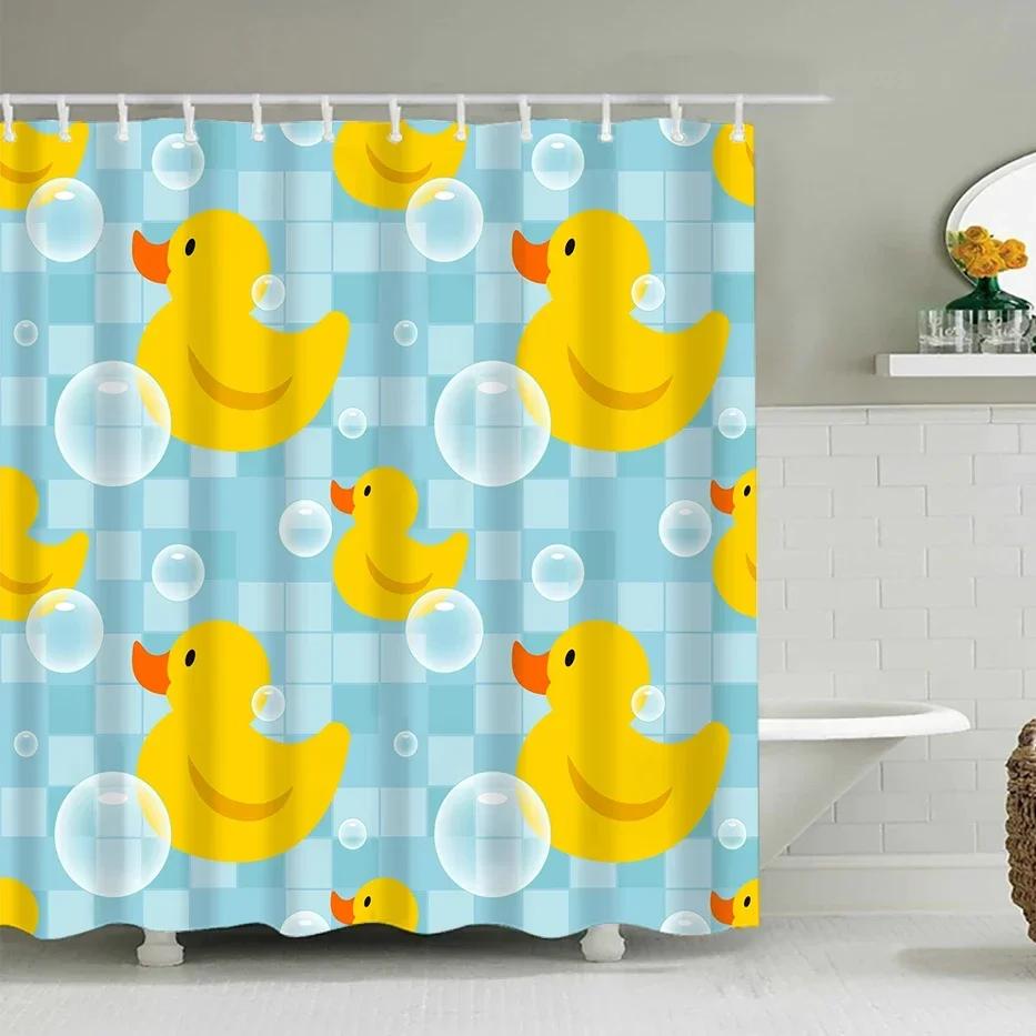 Duck Shower Curtain Cartoon Character Taking A Bath Colorful Drops Backdrop Dots,Cloth Fabric Bathroom Curtains With Hooks
