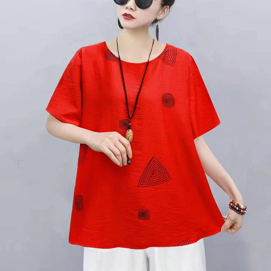 Chinese Women's Chinese Style T-shirt Long-sleeved Loose Cotton Short-sleeved Summer Blouse Ethnic Style