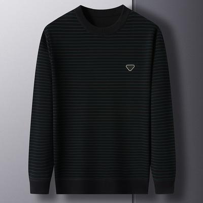 Striped Long-sleeved Velvet Sweater for Men, New Winter Round Neck Casual Bottoming Shirt, Versatile Sweater Top