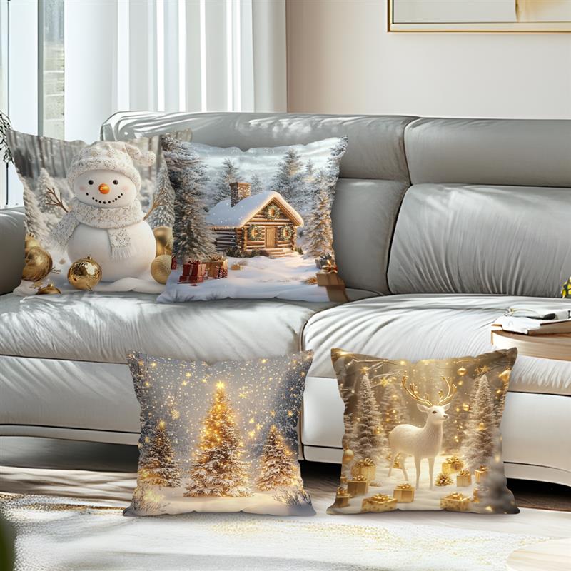 Tinika Chen Unisex Golden Christmas Cushion Pillowcase Printed Polyester 45X45cm Throw Pillowcover Decorative Sofa Cushion Pillowslip Home Decor