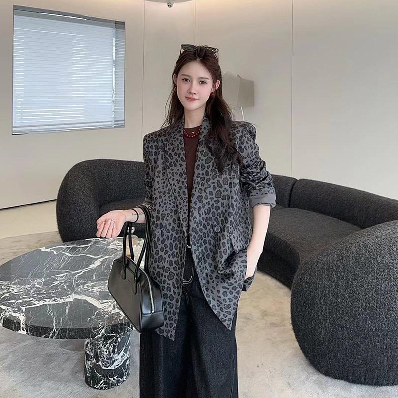 Plus Size Leopard Print Mid-Length Casual Blazer for Women - Spring Fashion