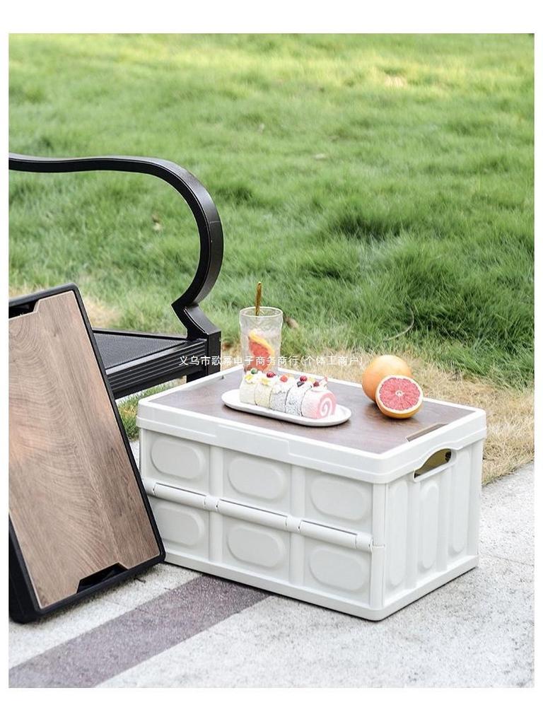 Skládací úložný box do kufru auta s dřevěným víkem - Přenosný organizér na kempování a piknik