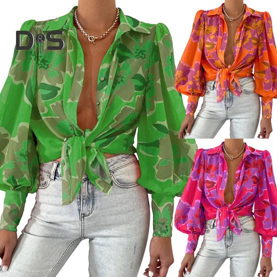 Damska koszula z klapami, bufiastymi rękawami, topy z kwiatowym nadrukiem, jednorzędowa, luźna, cienka bluzka odzież robocza