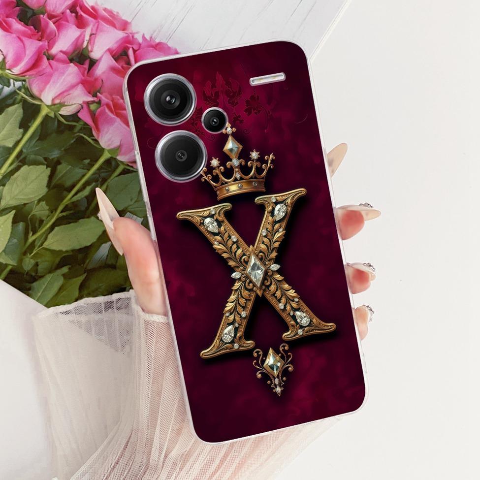 

For Redmi Note 13 Pro Plus Case Transparent Luxury Crown A-Z Letters 2D Flat Pattern Soft Cover For Redmi Note 13 Pro+ Casing Note 13 Pro Plus