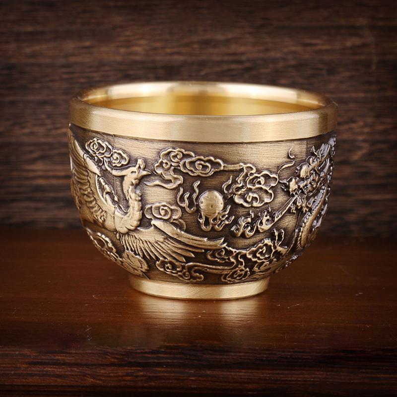 Good Luck Phoenix Cylinder Ornament Traditional Hand Carved Brass Drinking Cup Pure Brass Brass Feng Shui Bowl Lucky Ornament