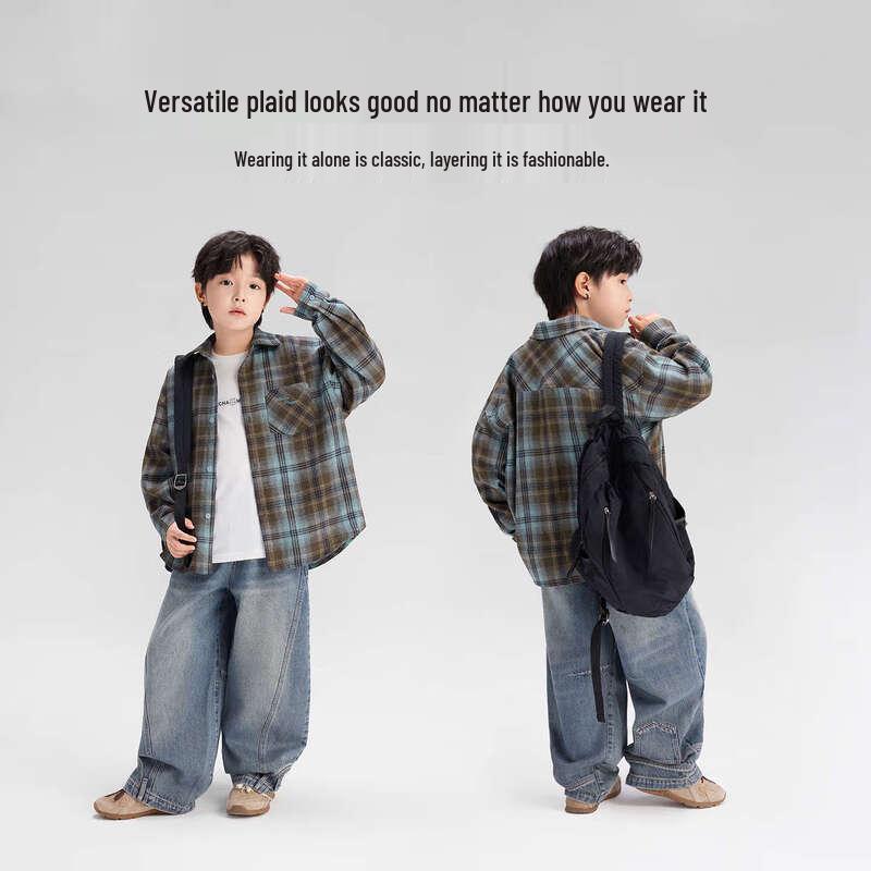 Zuoxi Boys' Plaid Long-Sleeved Shirt