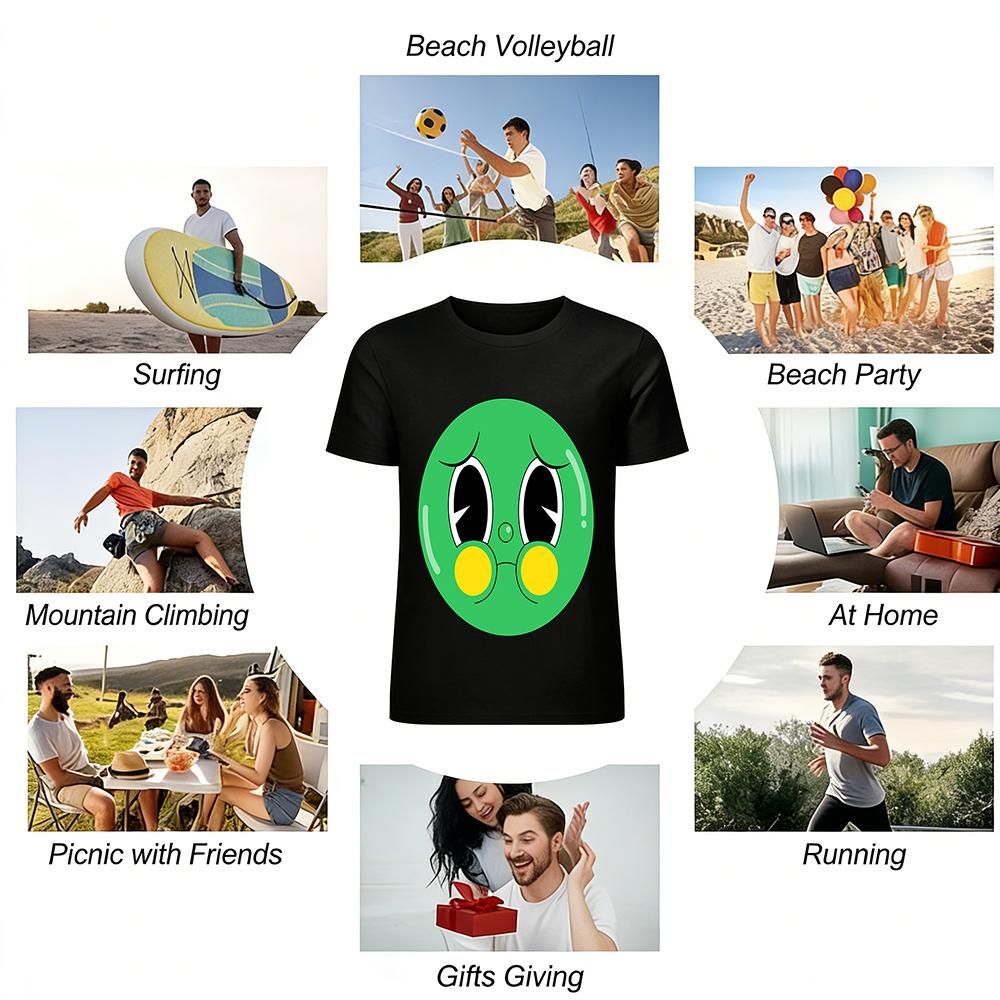 Cute Sad Green Face Print Casual T-Shirt Unisex Loose Fit Breathable Top For Daily Wear Pure cotton T-shirt